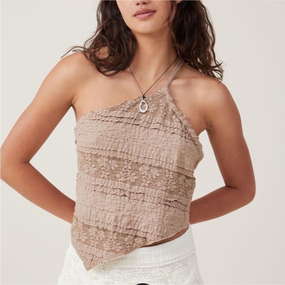 Tan Lace One-Shoulder Top